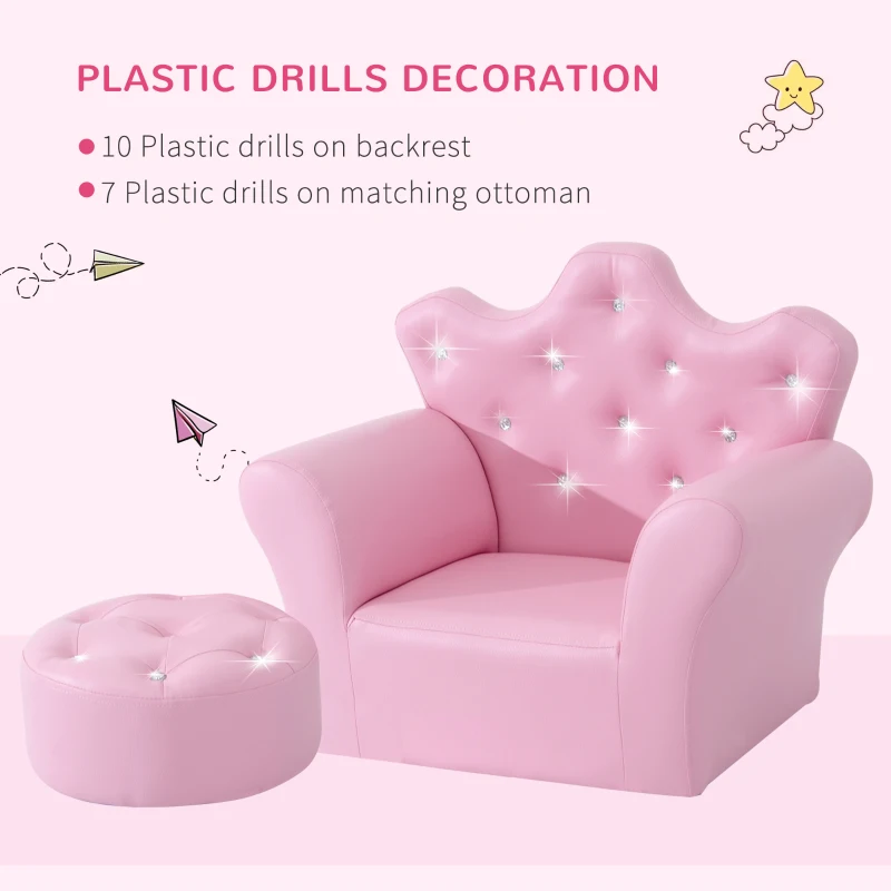 Qaba Kids Sofa Set with Footstool, Princess Sofa with Diamond Decoration