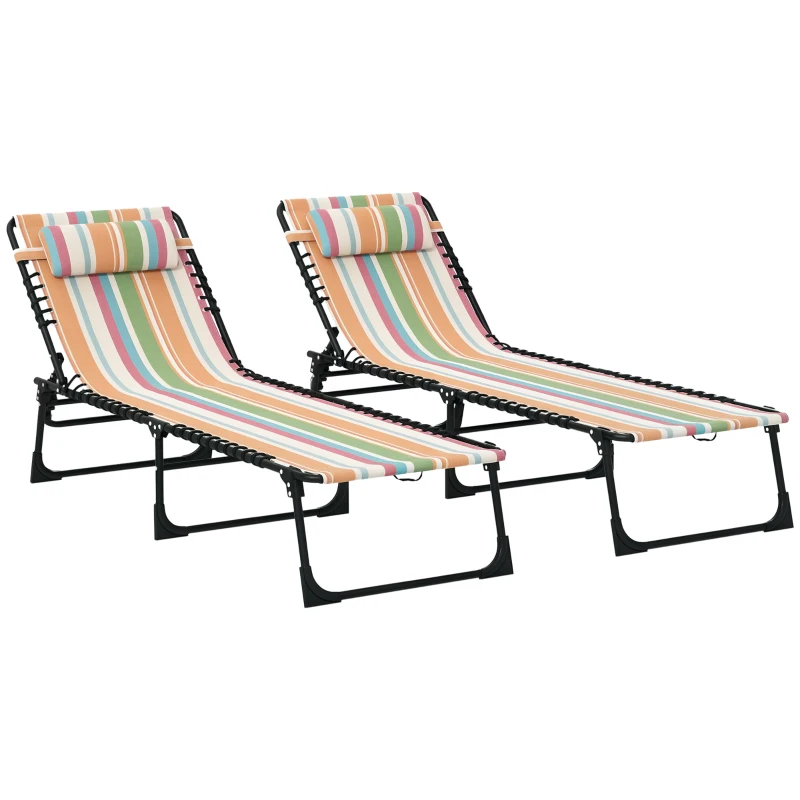 Outsunny 2 Folding Chaise Lounge Pool Chairs with 4-Position Reclining Back, Pillow, Breathable Mesh & Bungee Seat, Striped