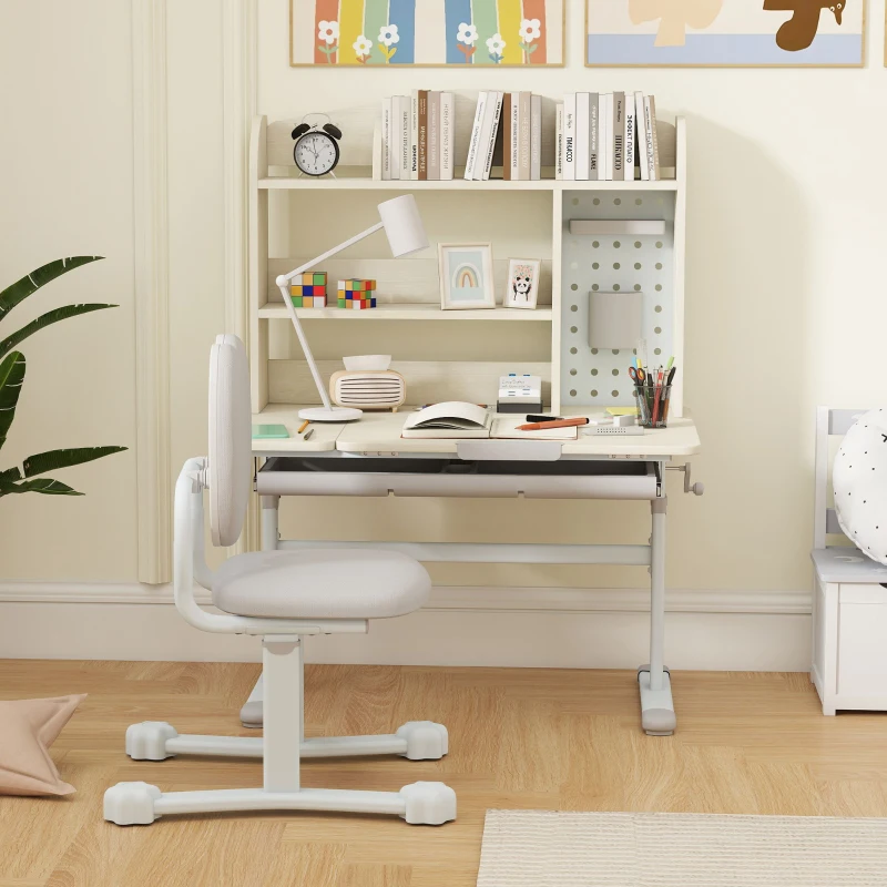 Qaba Kids Study Desk and Chair Set with Adjustable Height, Tiltable Desktop, Hutch and Drawer for Ages 3-12, Gray