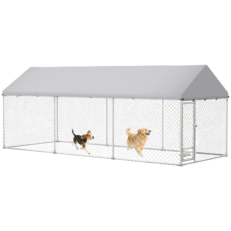 PawHut Outdoor Dog Kennel w/ Adjustable & Rotatable Bowl Rack, Waterproof UV-Resistant Cover, Secure Lock, 19.7' x 7.5' x 7.5'