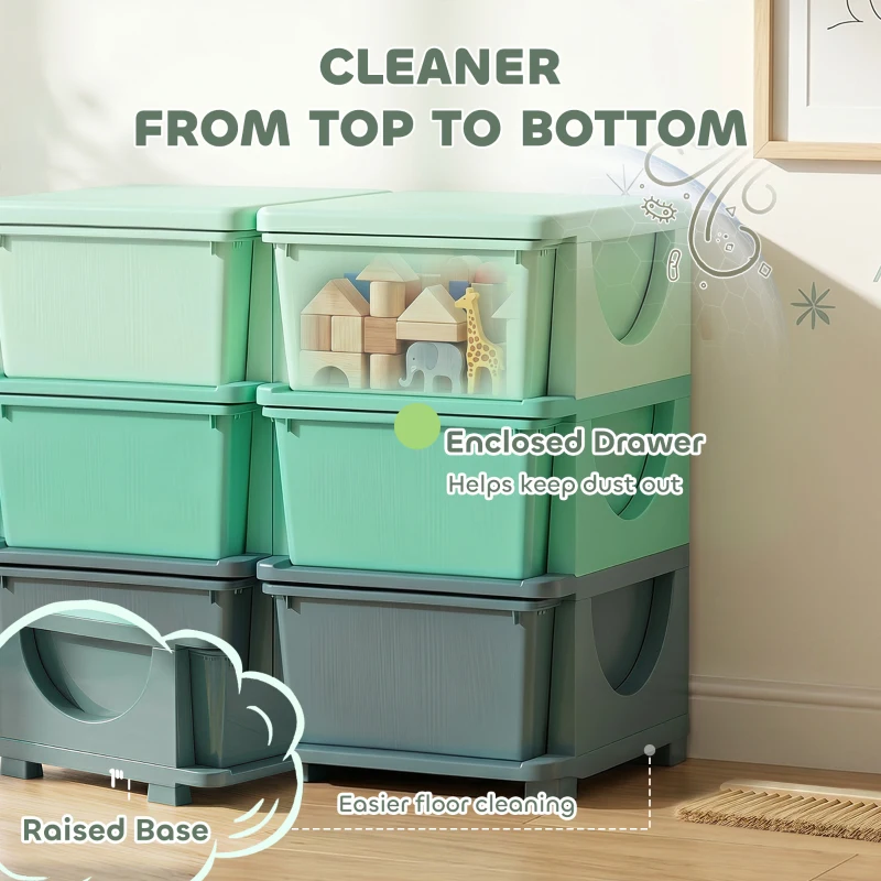 Qaba 3 Tier Kids Storage Organizer with 6 Drawers for Bedroom, Nursery, Kindergarten, Living Room, Boys and Girls, Green