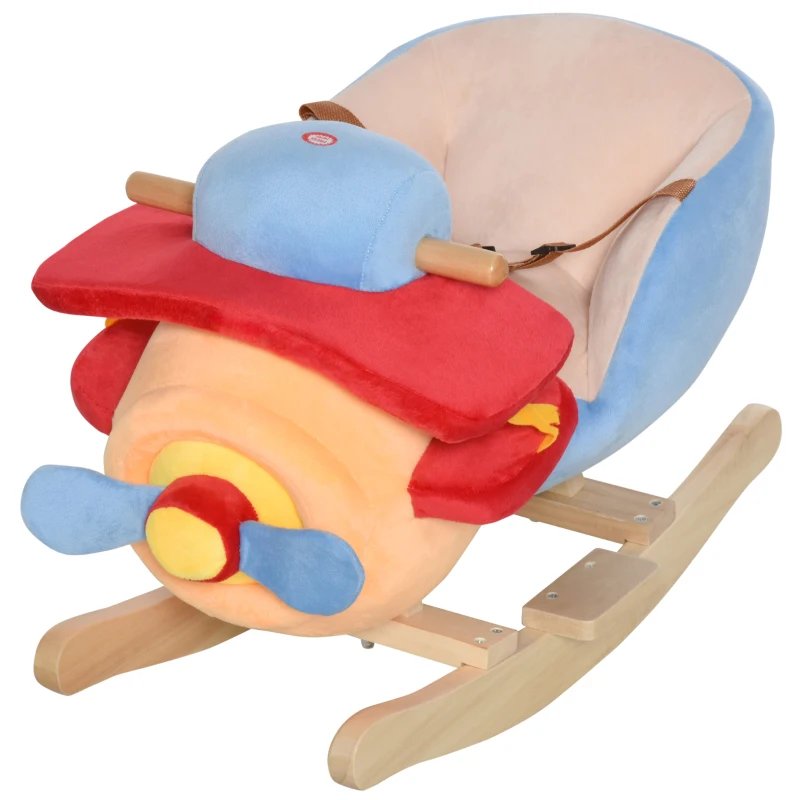 Qaba Baby Rocking Horse, Plush Animal Rocker Plane with Sound, Seat Belt, Handle Grip for 18+ Months, Multicolor
