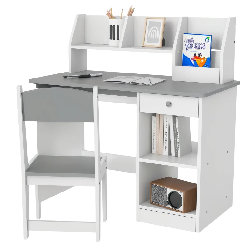 Qaba Kids Desk and Chair Set with Storage, Study Desk with Chair for Children 5-8 Years Old, Gray