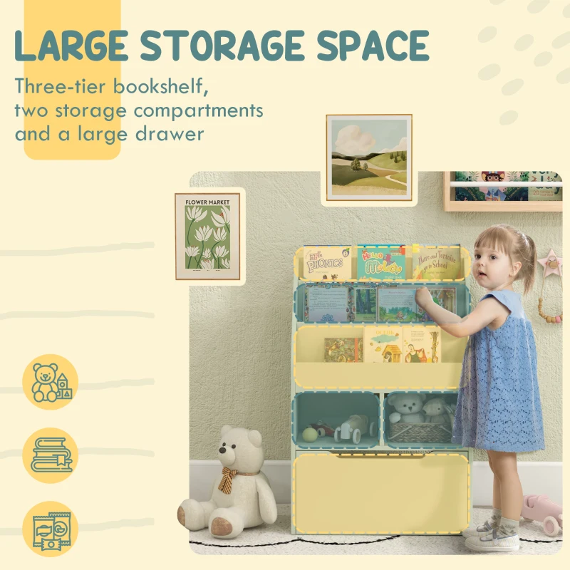 HOMCOM Kids Bookcase with Storage Drawer for Books, Reading Nook, for Classroom, Bedroom, Playroom, Green