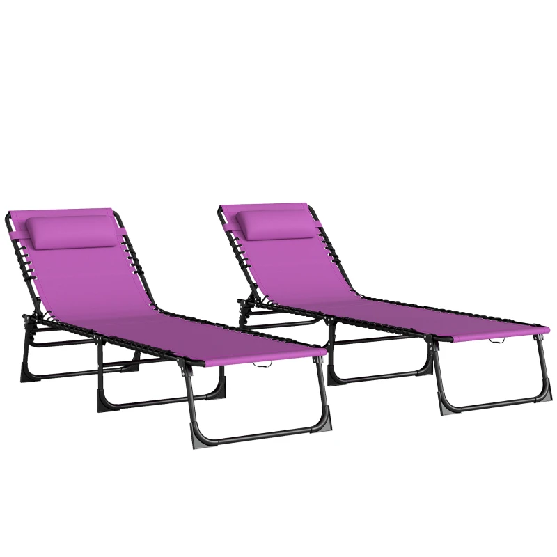 Outsunny 2 Folding Chaise Lounge Pool Chairs with 4-Position Reclining Back, Pillow, Breathable Mesh & Bungee Seat, Purple