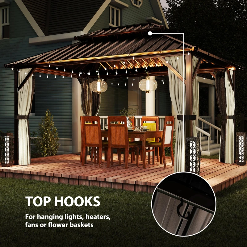 Outsunny 10' x 14' Hardtop Gazebo with Double Galvanized Steel Roof Canopy, Aluminum Frame Permanent Gazebo, Brown