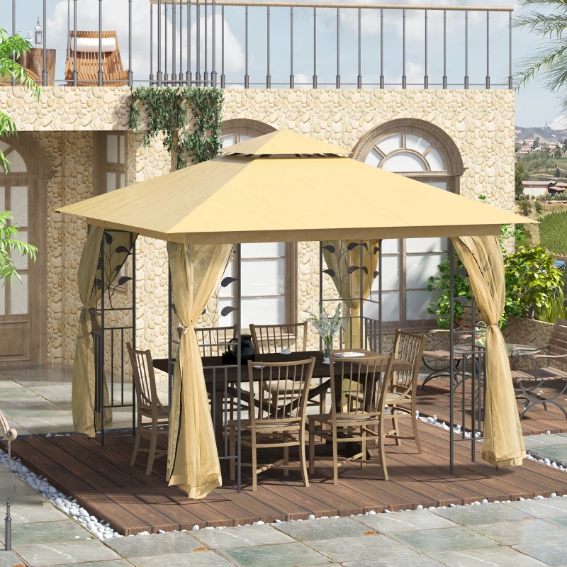 Outsunny 10'x10' Soft-top Steel Patio Gazebo Outdoor Sun Shelter with 2-Tier Polyester Roof, Curtain Sidewalls, Beige