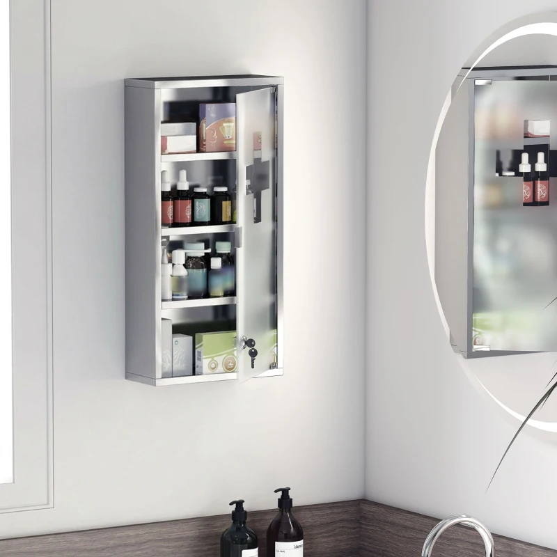 HOMCOM Wall Mount Medicine Cabinet, Bathroom Cabinet with 3 Tier Shelves, Stainless Steel Frame and Glass Door, Lockable with 2 Keys, Silver, 12" x 23.5"