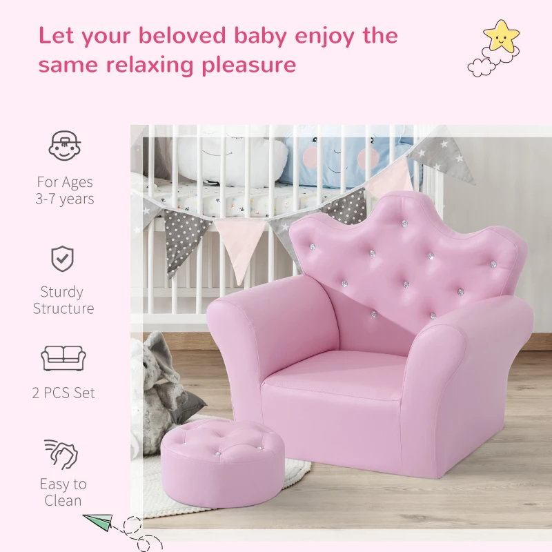 Qaba Kids Sofa Set with Footstool, Princess Sofa with Diamond Decoration