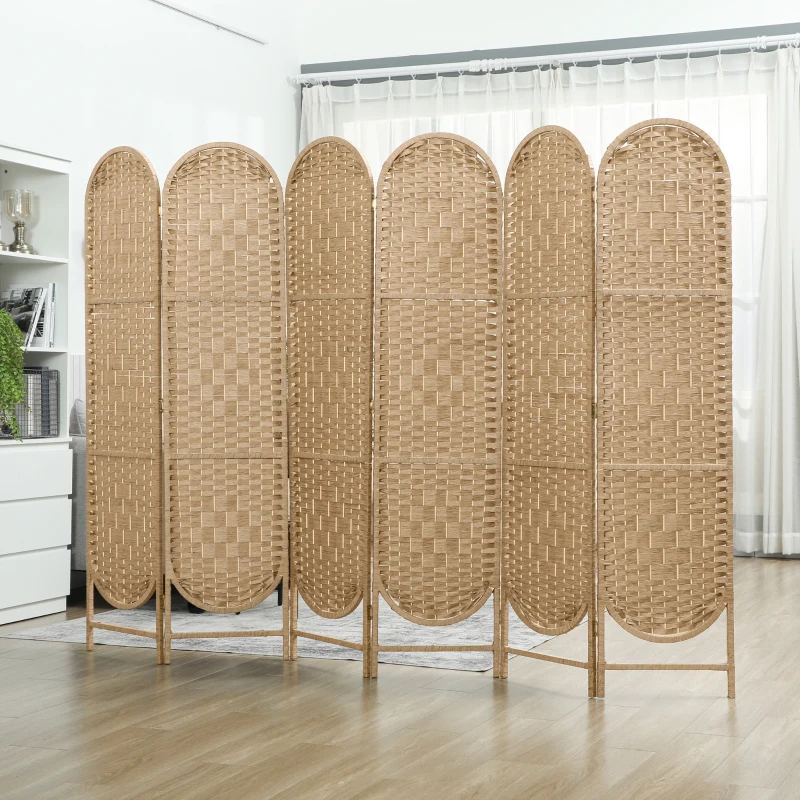 HOMCOM Bohemian Privacy Screen, Folding Room Divider with 6 Panels and Arched Top for Bedroom Living Room Office, Natural Wood