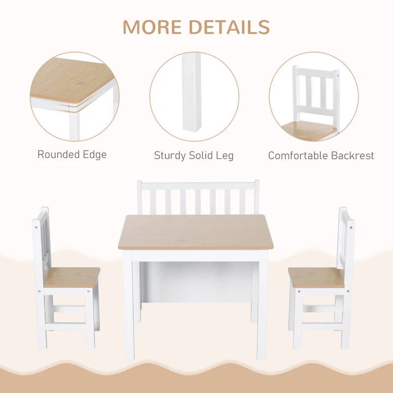 Qaba 4-Piece Set Kids Wood Table Chair Bench with Storage Function Easy to Clean Gift for Girls Boys Toddlers Age 3 Years up Natural and White