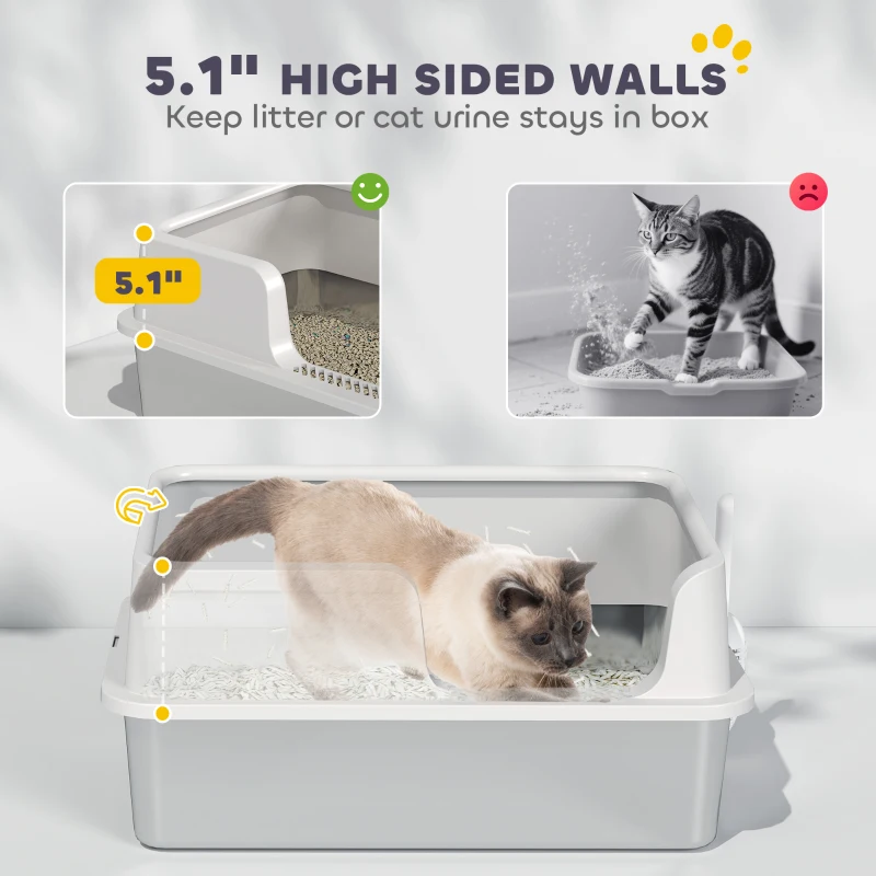 PawHut Stainless Steel Litter Box with High Side, Scoop, Easy Cleaning & Anti-Urine Leakage, for Big Cats, Light Gray