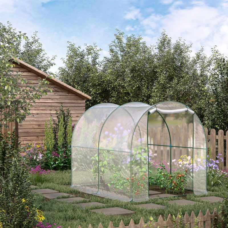 Outsunny Dome Tunnel Greenhouse Plant Shed with Roll Up Door, 6.6' x 8.2' x 6.6', Transparent