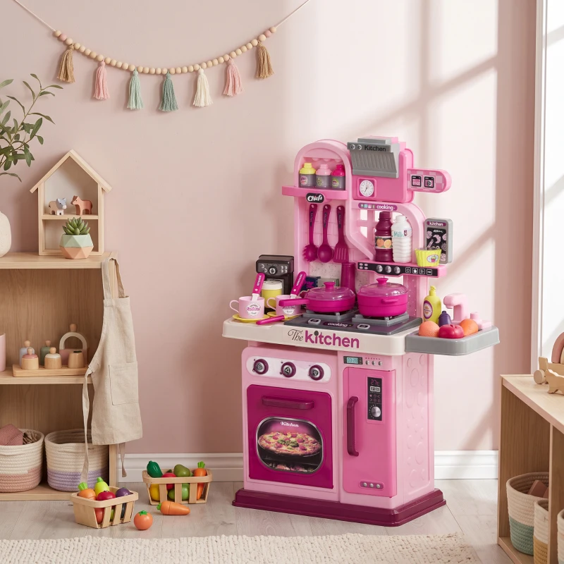 Qaba Kids Play Kitchen with Lights, Sounds, 33 Accessories & Storage for Toddler 3-6 Years