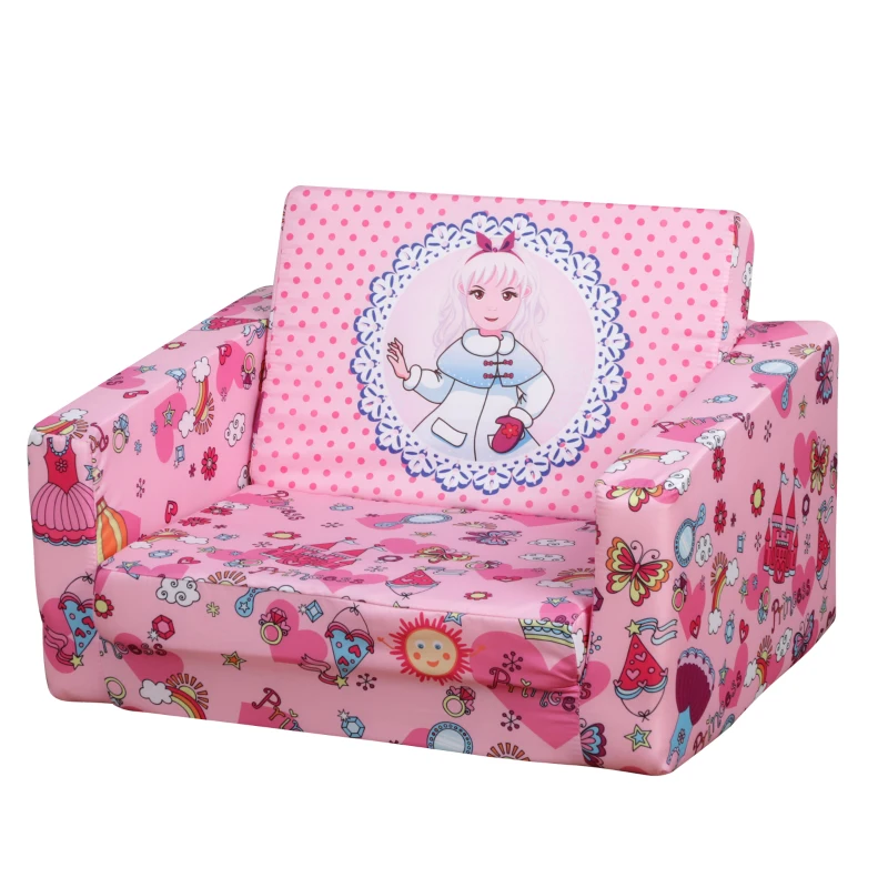 Qaba Kids Fold-Out Couch/Chair Lounger with Princess-Themed Washable Fabric & Removable Cushion for 3-6 Years Old, Pink