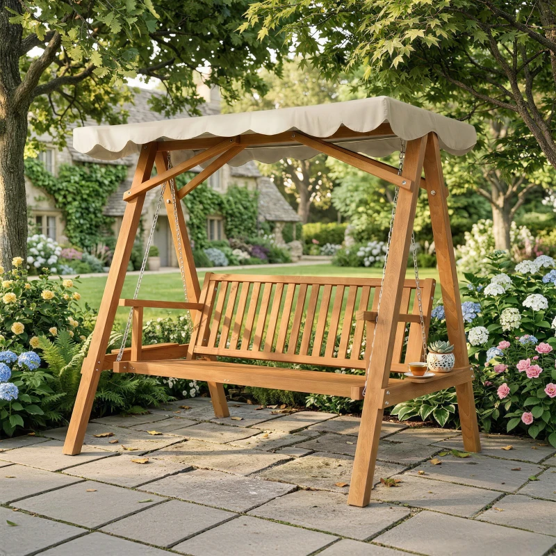 Outsunny 80" Patio Swing Chair with Canopy Outdoor Wooden Swing Bench Hammock for Garden, Poolside, Backyard