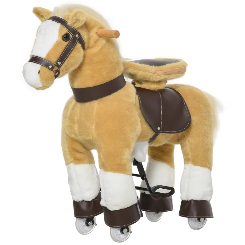 Qaba Ride on Horse, Plush Walking Horse Toy, Kids Riding Chair with Wheels for Kids 3-9 Years, Light Brown