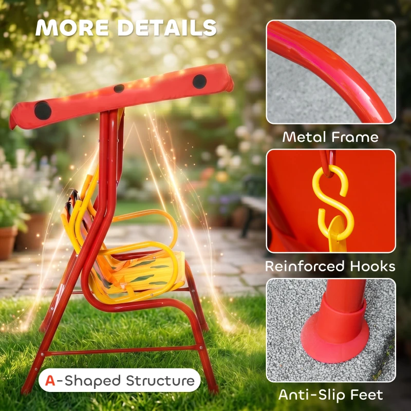 Outsunny Kids Patio Swing, Adjustable Canopy Swing Glider, Kids Outdoor Swing Chair with 2 Seats, Seat-Belted Safety, Red