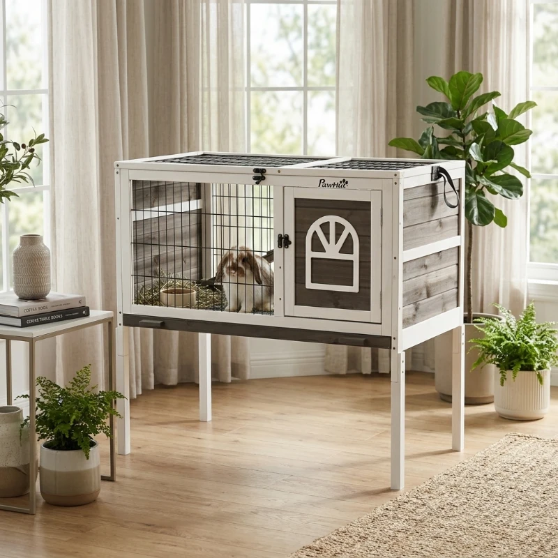 PawHut Wood Rabbit Hutch, Elevated Guinea Pig Cage with Run, Coffee