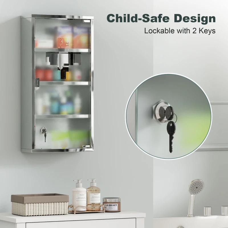 HOMCOM Wall Mount Medicine Cabinet, Bathroom Cabinet with 3 Tier Shelves, Stainless Steel Frame and Glass Door, Lockable with 2 Keys, Silver, 12" x 23.5"