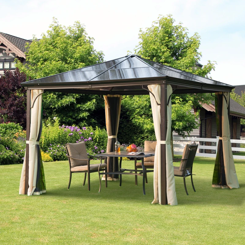 Outsunny 10' x 10' Hardtop Gazebo Canopy with Polycarbonate Roof, Aluminum Frame, Permanent Pavilion Outdoor Gazebo with Netting, for Patio, Garden, Backyard, Deck, Lawn, Black, Beige