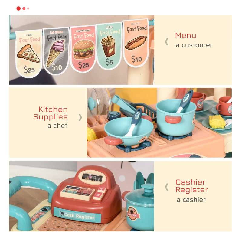 Qaba 50 Pcs Kids Grocery Store Playset Cash Register Toy with Shopping Cart, Pretend Playset Multi-Functional Kitchen Supermarket Gift for Boys Girls Age 3 4 5 6