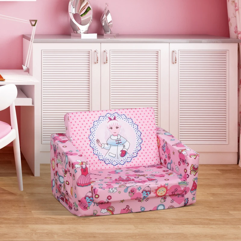 Qaba Kids Fold-Out Couch/Chair Lounger with Princess-Themed Washable Fabric & Removable Cushion for 3-6 Years Old, Pink