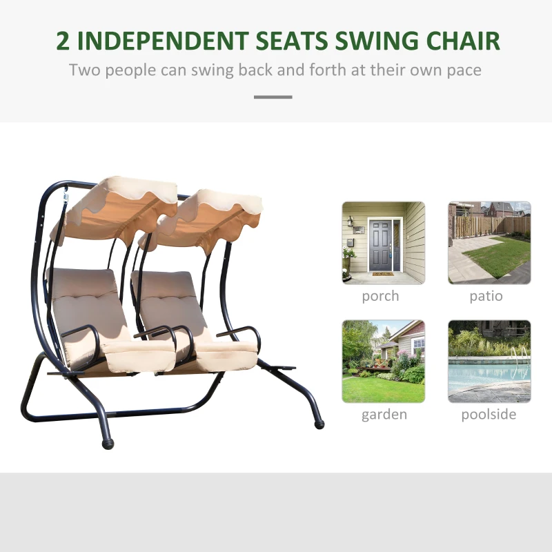 Outsunny Luxury Porch Swing Metal Outdoor Swing Chair 2 Separated Seater Hammock Heavy-Duty with Canopy and Cushions, Beige