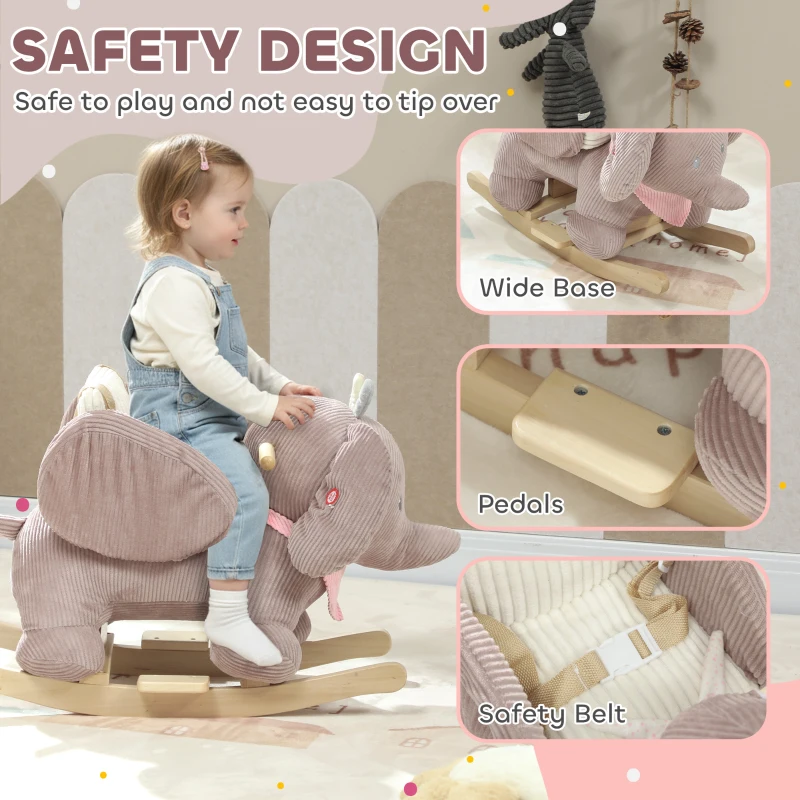 Qaba Baby Rocking Horse with Seat, Kids Ride On Toy with Realistic Elephant Sound and Safety Belt for 18 to 36 Months, Pink