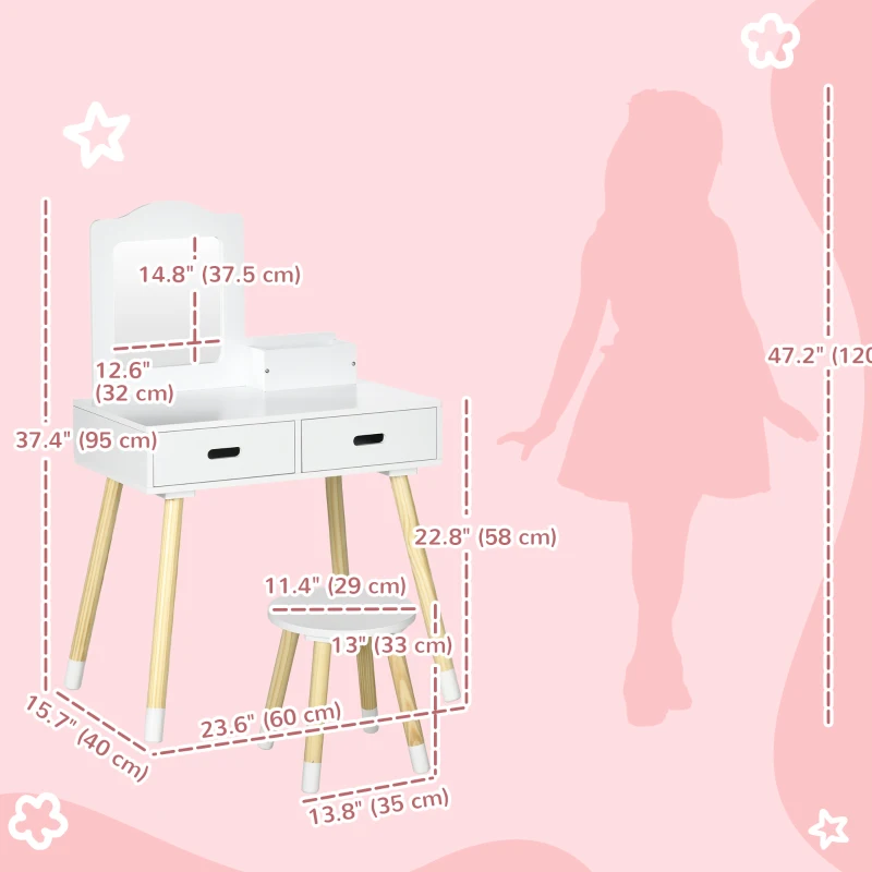 Qaba Kids Vanity Set with Mirror and Stool, Makeup Dressing Table with Drawers for Children Aged 3-6 Years, White