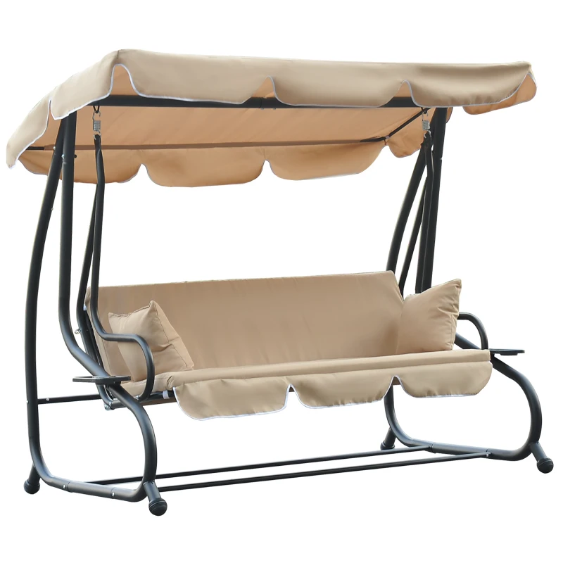 Outsunny 3-Seat Outdoor Patio Swing Chair, 2-in-1 Convertible Flat Bed, Canopy Swing with Adjustable Shade, Removable Cushions, Cup Holder, Beige