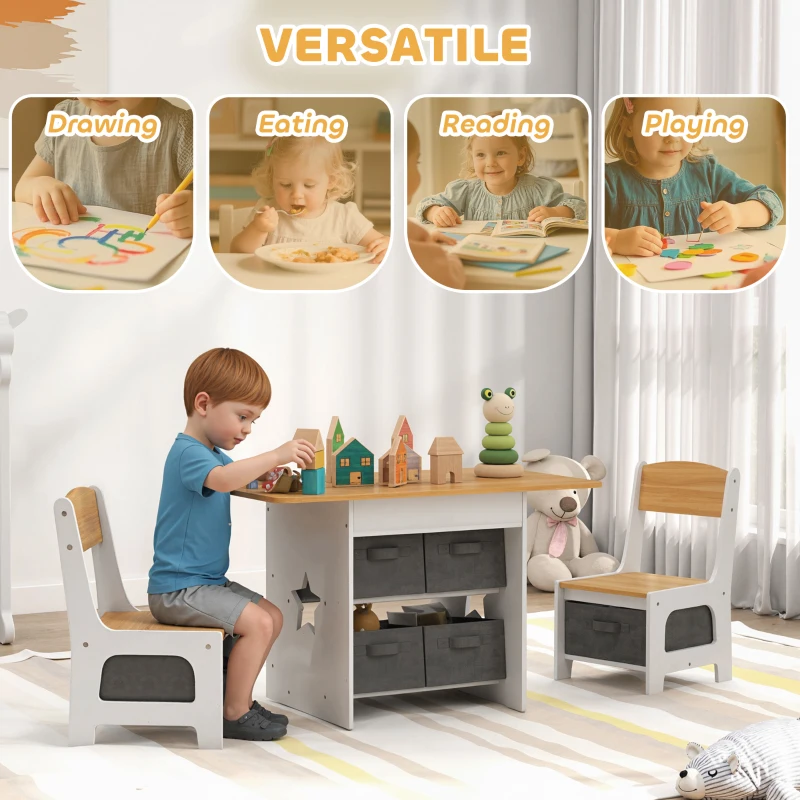 Qaba 3 Piece Kids Table and Chair Set with 6 Removable Drawers, for Classroom, Living Room, Bedroom, Nursery, Natural