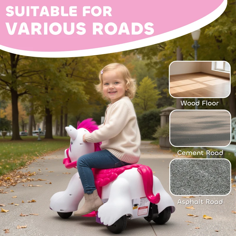 Qaba 12V Unicorn Ride on Toy, Battery Powered Kids Electric Ride on Horse with Carrot Toy, Comb, Animal Sounds