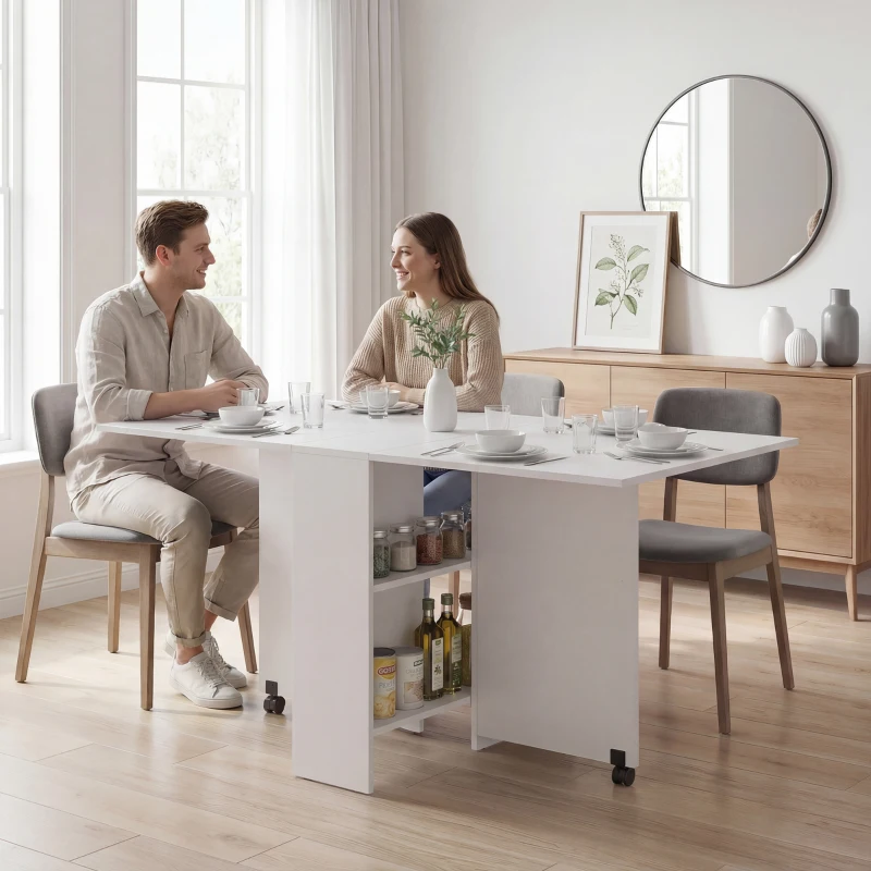 HOMCOM Extendable Dining Table, Collapsible Folding Table w/ 2-tier Shelves and Rolling Casters, White
