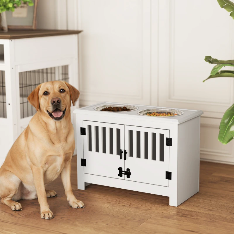 PawHut Dog Food Storage Cabinet with Bowls & Dog Feeding Station, White