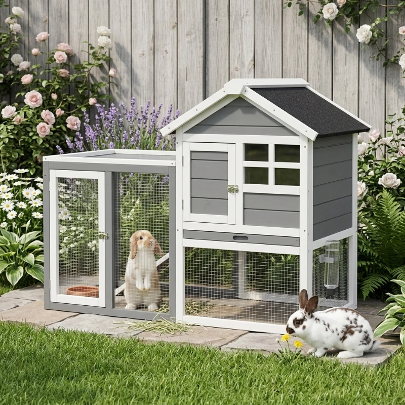PawHut Indoor Rabbit Enclosure, 48" Weatherproof Wooden Rabbit Hutch, with Slanted Asphalt Roof & Fun Outdoor Run for Bunnies & Ferrets - Gray