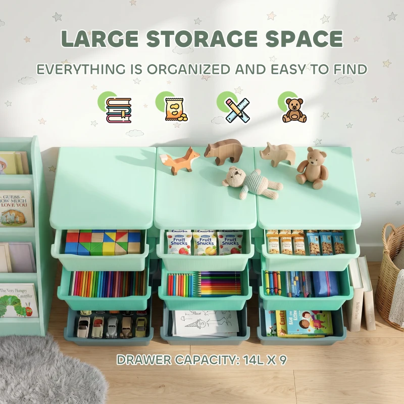 Qaba 3 Tier Kids Storage Organizer with 9 Drawers for Bedroom, Nursery, Kindergarten, Living Room, Boys and Girls, Green