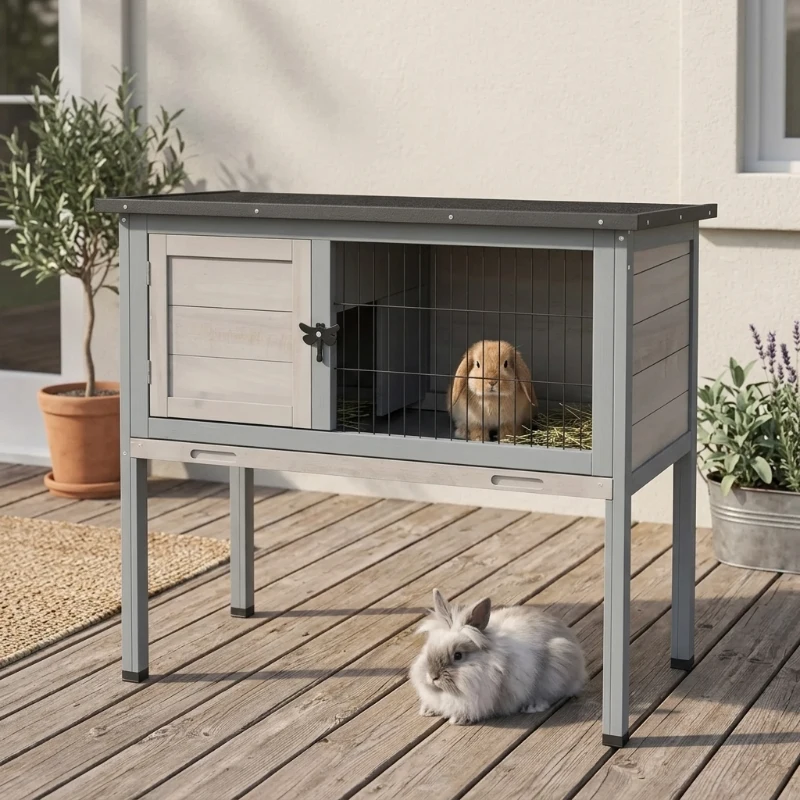 PawHut Elevated Rabbit Hutch, Wooden Bunny Cage with Hinged Asphalt Roof and Removable Tray, for Indoor/Outdoor, Gray