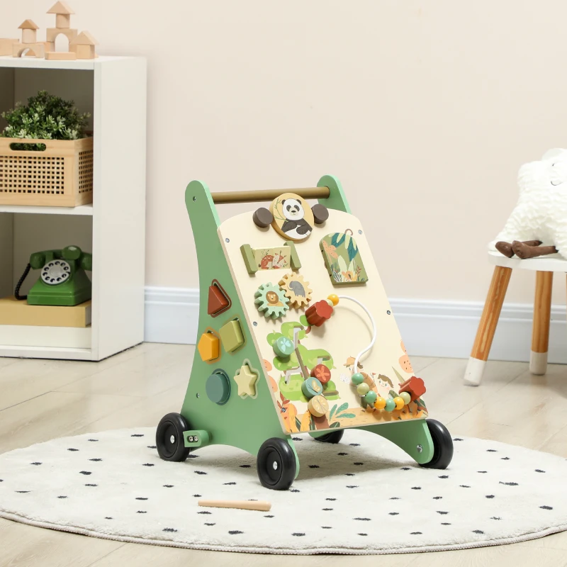 Qaba Wooden Baby Walker, Push Along Walker Toys with Speed Control, Xylophone, gears and Bead Maze, Green