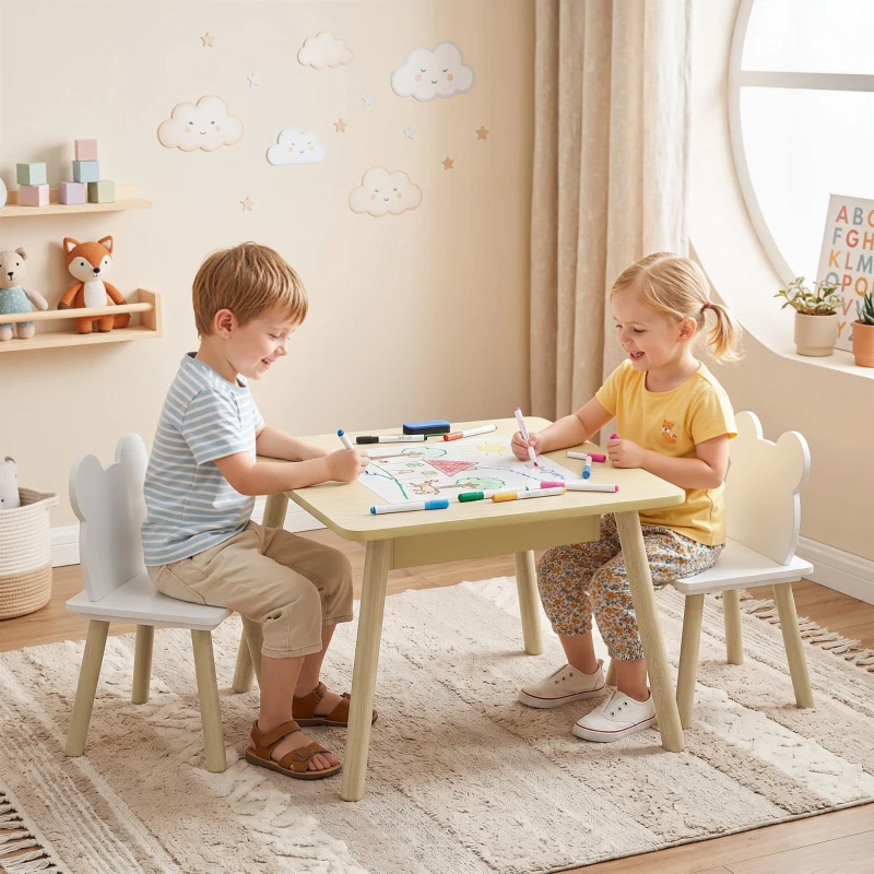 Qaba 3 Piece Kids Table and Chair Set with Convertible Desk with Storage, 3 in 1 Toddler Table and Chair Set for Nursery