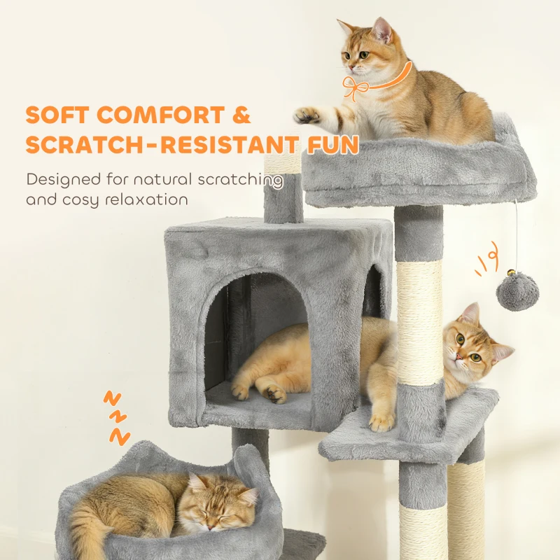 PawHut 76" Large Cat Tree for Indoor Cats with 8 Scratching Posts, 3 Plush Beds, 2 Hammocks, 2 Large Condos, Ramp, Light Grey