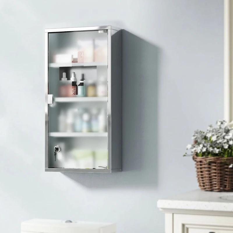 HOMCOM Wall Mount Medicine Cabinet, Bathroom Cabinet with 3 Tier Shelves, Stainless Steel Frame and Glass Door, Lockable with 2 Keys, Silver, 12" x 23.5"