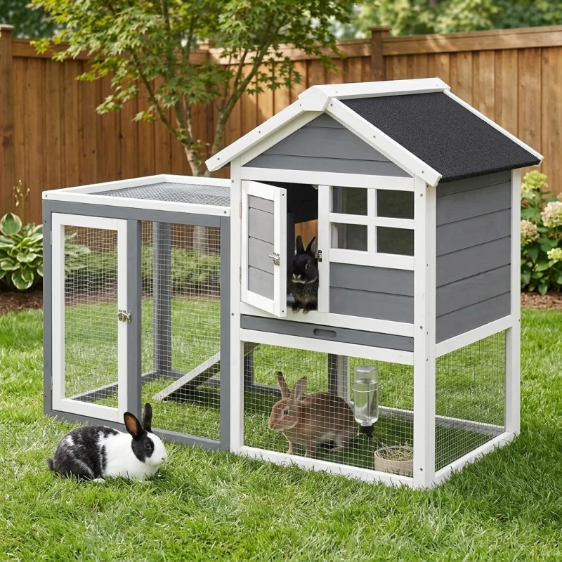 PawHut Indoor Rabbit Enclosure, 48" Weatherproof Wooden Rabbit Hutch, with Slanted Asphalt Roof & Fun Outdoor Run for Bunnies & Ferrets - Gray