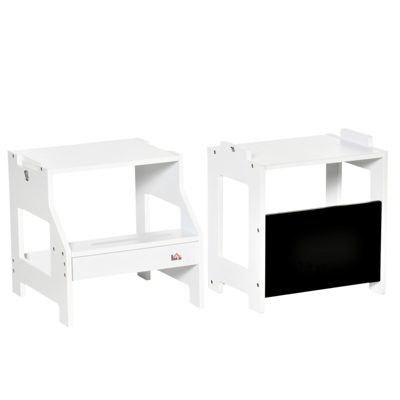 Qaba 2-in-1 Kids Kitchen Helper Step Stool, Detachable Toddler Table and Chair Set, Children Standing Tower for Kitchen Counter with Safety Rail Chalkboard, White