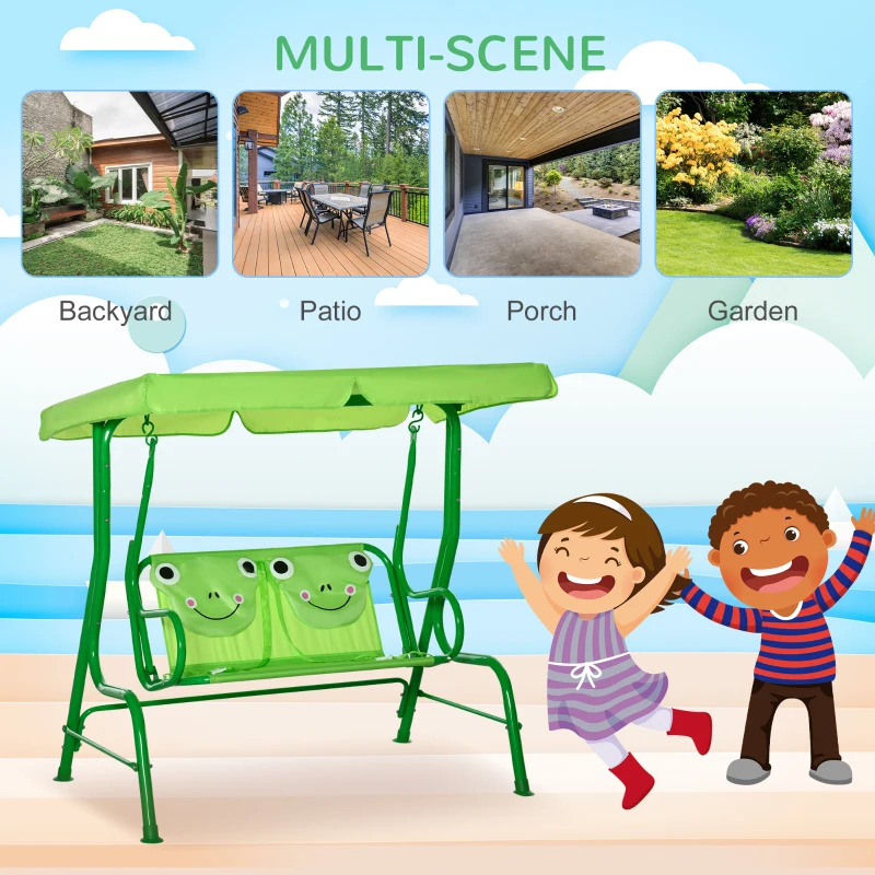 Outsunny Kids Patio Swing, Adjustable Canopy Swing Glider, Kids Outdoor Swing Chair with 2 Seats, Seat-Belted Safety, Green
