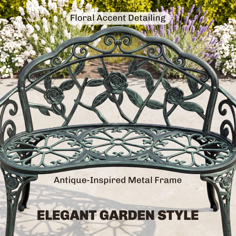Outsunny Outdoor Bench, Cast Aluminum Outdoor Furniture, Metal Bench with Floral Rose Accent & Antique Finish, Green