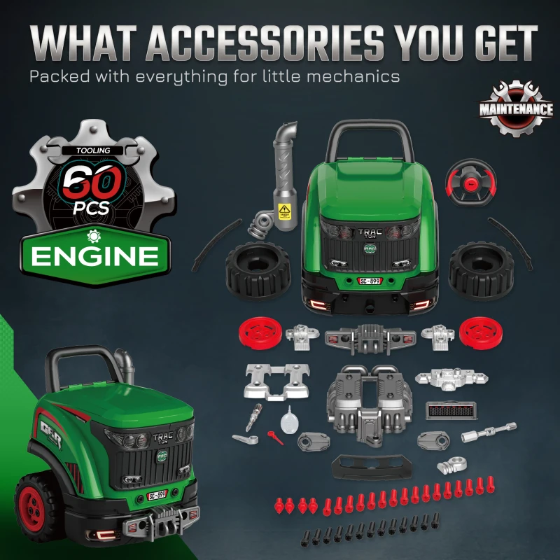 Qaba Truck Engine Toy, Kids Mechanic Repair Set with Spray, Lights, Sounds, Educational Gifts for 3-6 Years, Green