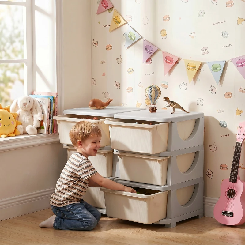 Qaba 3 Tier Kids Storage Organizer with 6 Drawers for Bedroom, Nursery, Kindergarten, Living Room, Boys and Girls, Cream