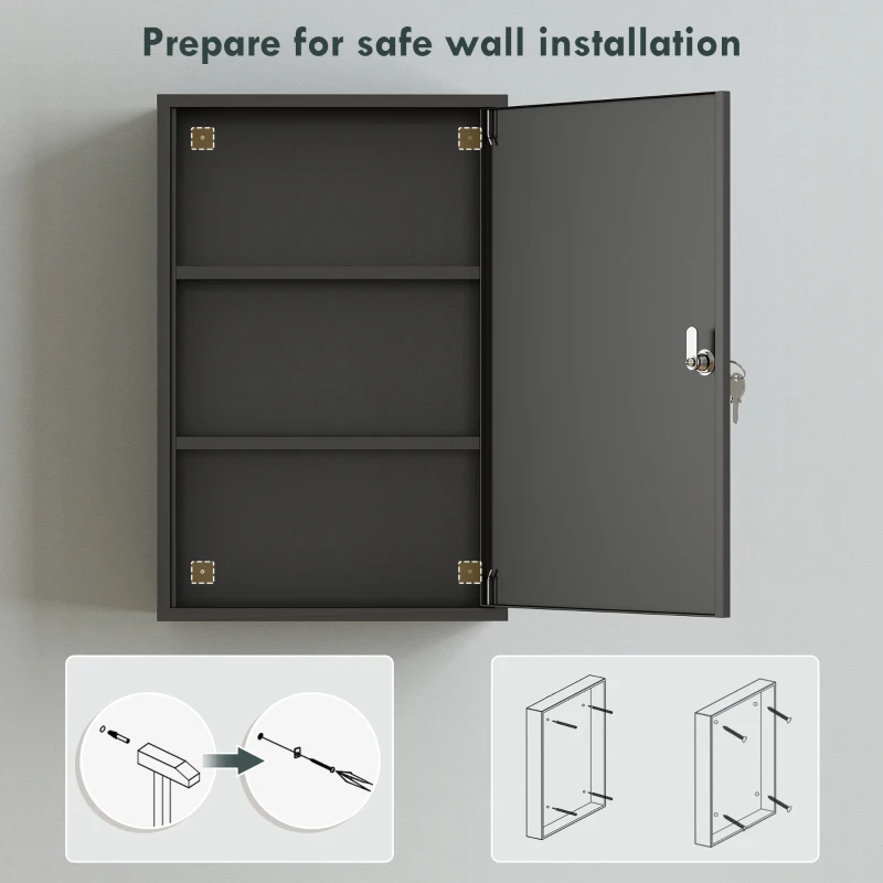 kleankin Wall Mount Medical Cabinet, Bathroom Cabinet with 3 Tier Shelves, 2 Keys, 15.7" x 7.1" x 23.6", Black