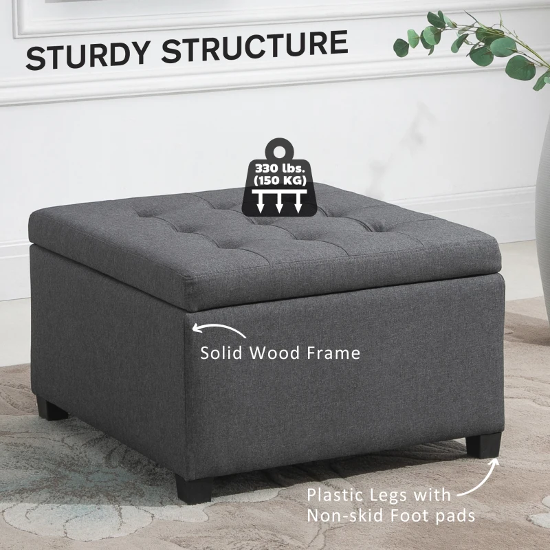 HOMCOM Tufted Storage Ottoman, Upholstered Accent Bench Seat, Cube Storage Box, Footrest Stool, Dark Grey